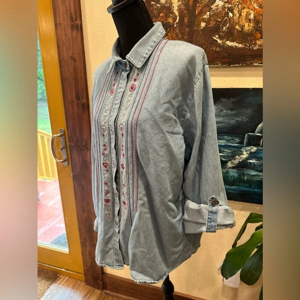 TEDDI Vintage 90s Light Blue Denim Embroidered Button Down Large - Picture 3 of 9